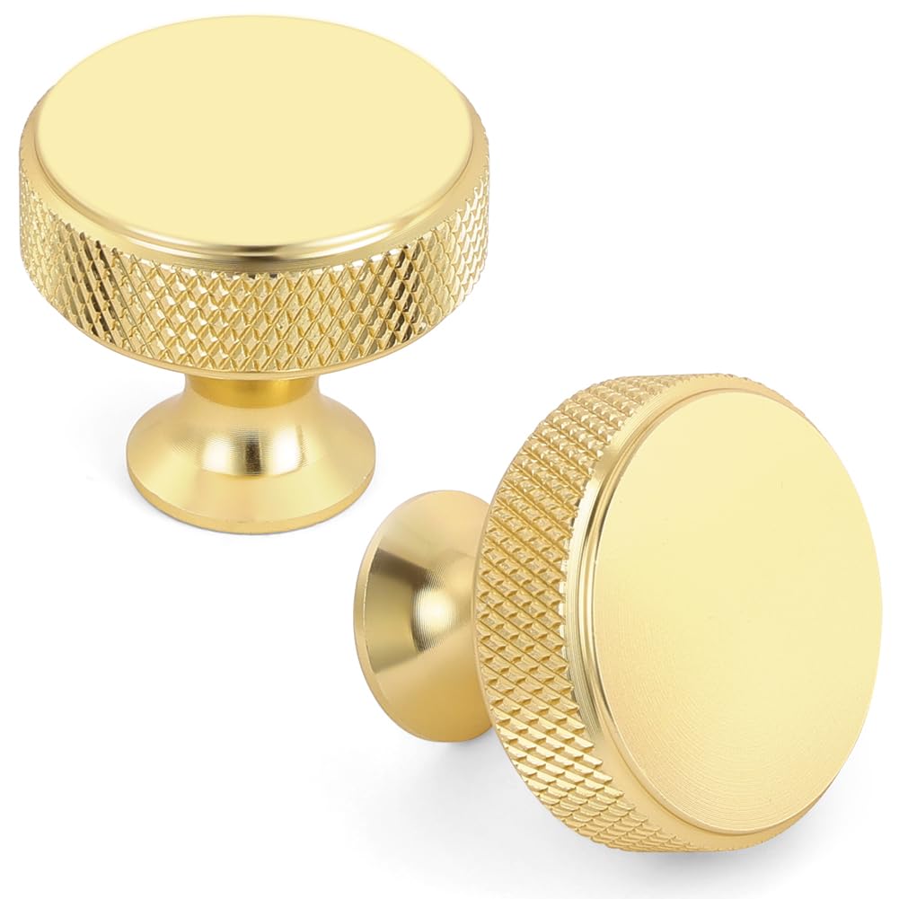 OSDUE 10 Pcs Gold Knurled Drawer Knobs, Round Modern Cabinet Knobs, Aluminum Alloy Single Hole Door Handle with Screws for Home Decorating, Cupboard, Dresser Wardrobe Kitchen Hardware (30.5mmx26.5mm)