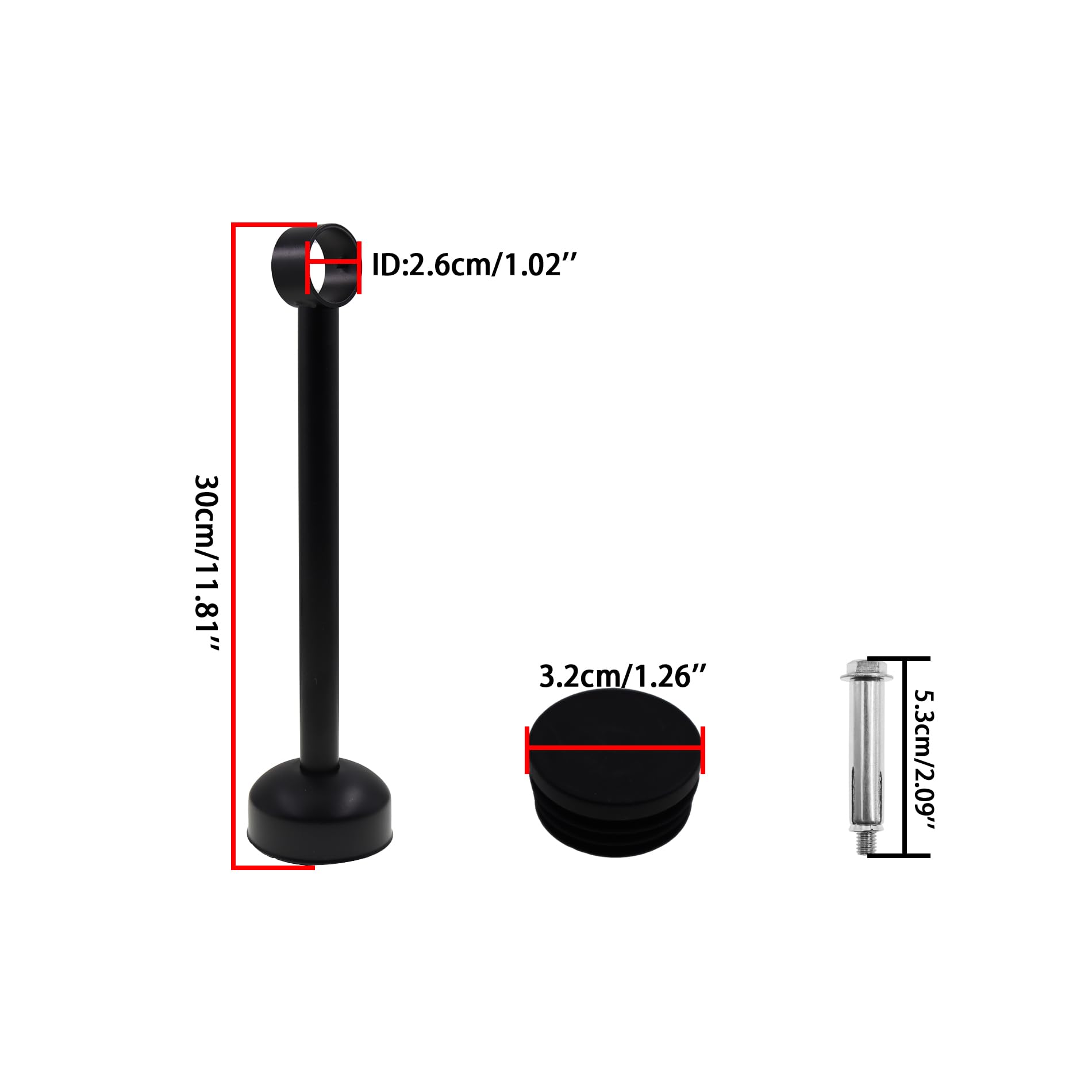 Lot de 2 supports de fixation au plafond en acier inoxydable pour tringle à rideau de douche Noir Hauteur 30 cm Diamètre intérieur 2,6 cm