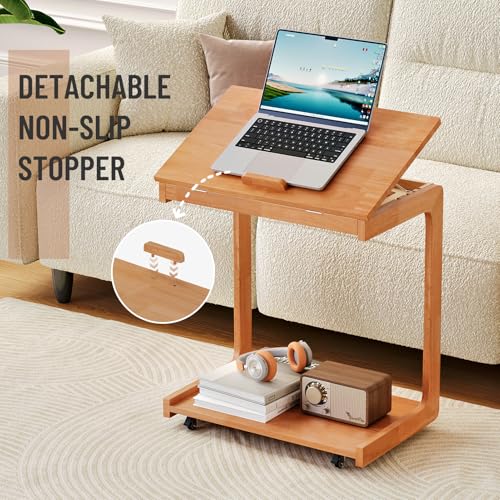 Image of Uniclinens Rolling Side Table Desk Sofa - C Shape Couch End Table with Wheels, Mobile Wooden Slim Sofa Tray, Movable Small Couch Desk for Living Room Bedroom, Cherry