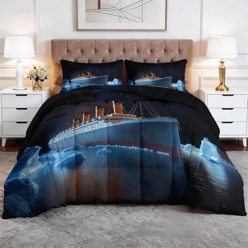 Abstract Cruise Ship Glacier Mountains California King Comforter 106" x 94", Cinematic Epic Lightweight Quilt Bedding - Breathable Dark Duvet for Hot Sleepers, Kids Boys Girls Bedroom Guest Room Decor