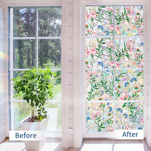 Niviy Stained Glass Window Film with Installation Tools, Heat Blocking Rainbow Window Film for Glass Doors, 3D Floral Decorative Static Cling for Home, Bathroom, Glass Door 17.5 x 118 inch