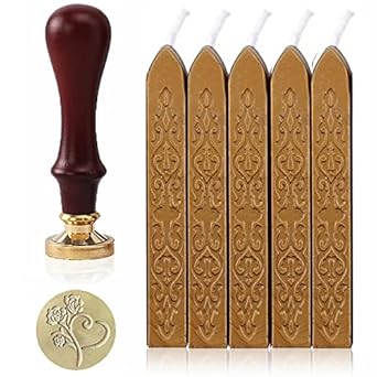 6 Pieces Wax Seal Stamp Kit Sealing Wax Sticks with Wicks Vintage Manuscript Sealing Seal Sticks Elegant Rose Heart Wax Sealing Stamp with Wood Handle for DIY Craft Antique Letter Gift Decoration