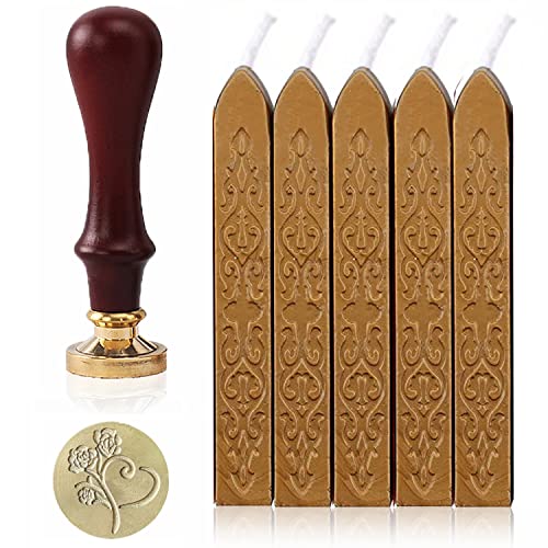 6 Pieces Wax Seal Stamp Kit Sealing Wax Sticks with Wicks Valentine's Day Rose Heart Wax Sealing Stamp with Wood Handle Vintage Manuscript Sealing Sticks for Christmas DIY Craft Letter Gift Decoration
