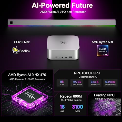 Image of Beelink SER10 MAX Mini PC, AMD Ryzen AI 9 HX 470 Mini Computer (12C /24T, up to 5.2GHz), 32GB DDR5 RAM 1TB NVMe SSD, 86 Tops Mini AI PC, Wi-Fi 6, BT5.2,10G LAN, USB4 /40Gbps, HDMI+DP Triple 4K Display