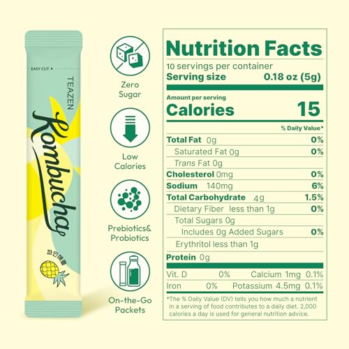 Image of TEAZEN Pineapple Kombucha Powder, Hydration Drink Mix, Sugar Free, Live Probiotics & Prebiotics, On-the-Go 10 Packets, 1.76oz