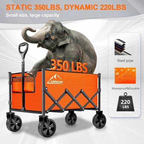 Image of Collapsible Folding Wagon Cart, 350LBS Utility Large Capacity Cart Foldable Wagon with All Terrain Wheels, Grocery Wagons Carts for Garden Shopping Sports Camping, Bright Orange