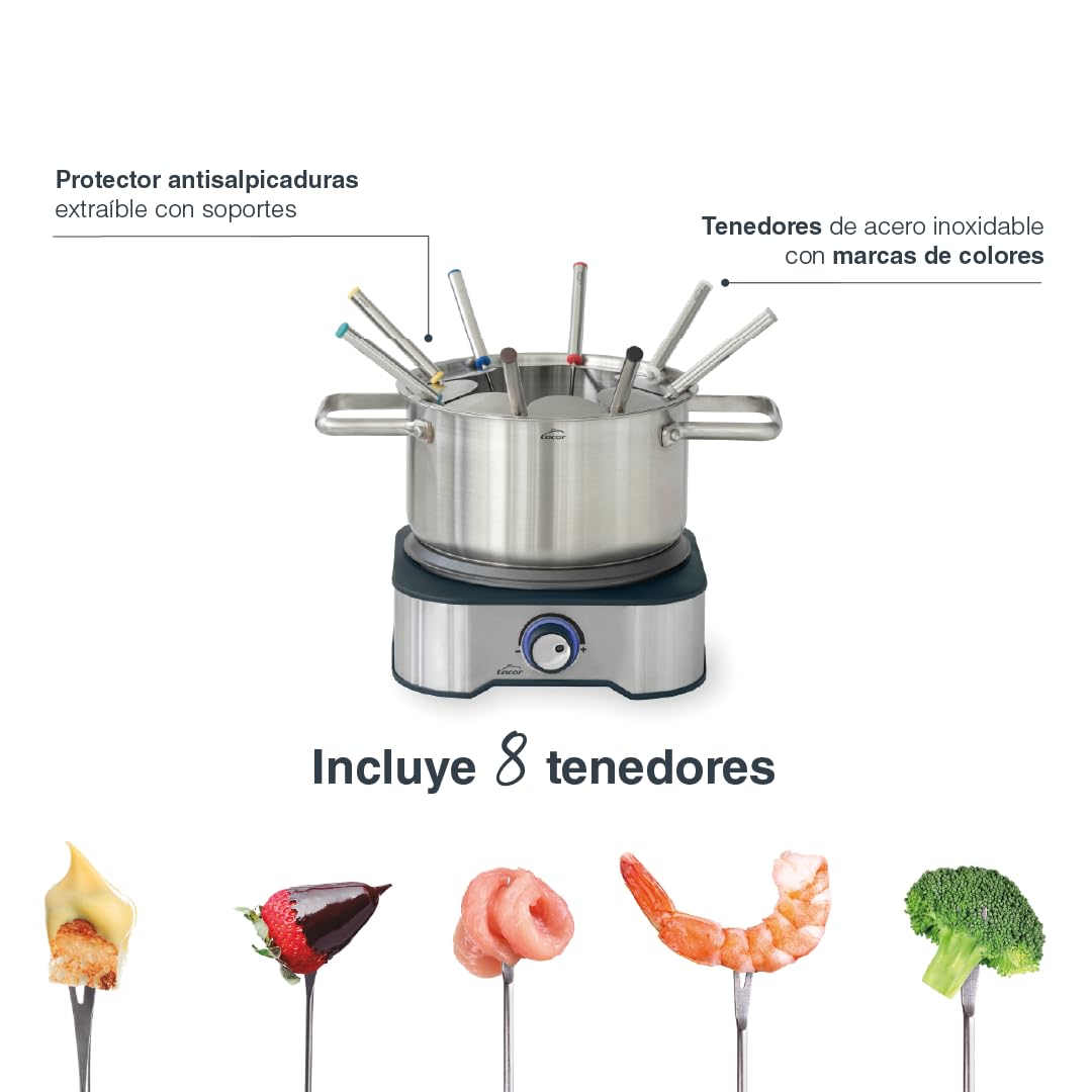 Lacor - 69399 - Fondue Eléctrica, Fundir Queso y Chocolate, con 8 Tenedores, Olla Desmontable, Fondo Termodifusor, Termostato Regulable, Acero Inoxidable, 1500W