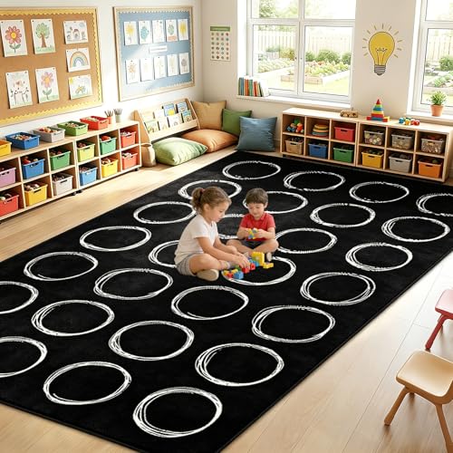 7.6x12 ft Large White Circles Abstract Classroom Rug Black and White Educational Area Mat Circle on Black Play Carpet Back to School Learning Mat for Preschool Playroom Nursery Kindergarten(Circles)