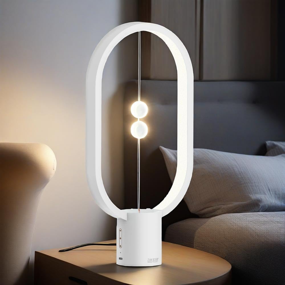 Heng Soft-Glow Balance Desk Lamp for Nightstand Or Bed - Modern Table Mood Lighting with Dimmer Switch - Cute Decorative Gift for Bedroom, Living Room, Office & Dorm (White)