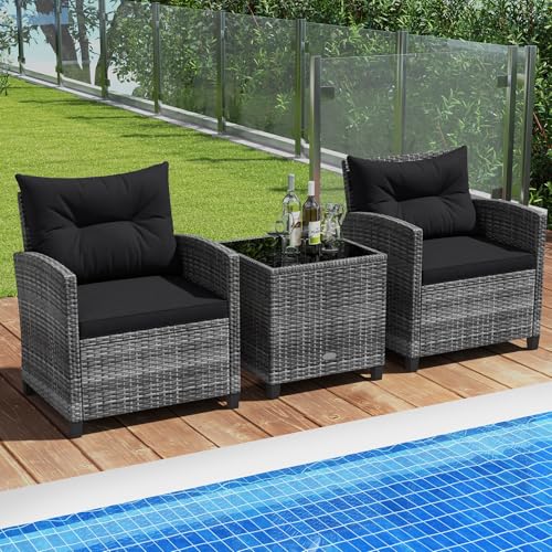ORALNER Patio Furniture, 3 Pieces Outdoor Wicker Conversation Set Chairs with Soft Cushions and Glass Coffee Table, Rattan Bistro Set for Balcony Garden Deck Front Porch Poolside (Black) - Image 3