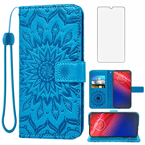 Coque Motorola Moto Z4 avec protège-écran verre trempé et fentes cartes bleu