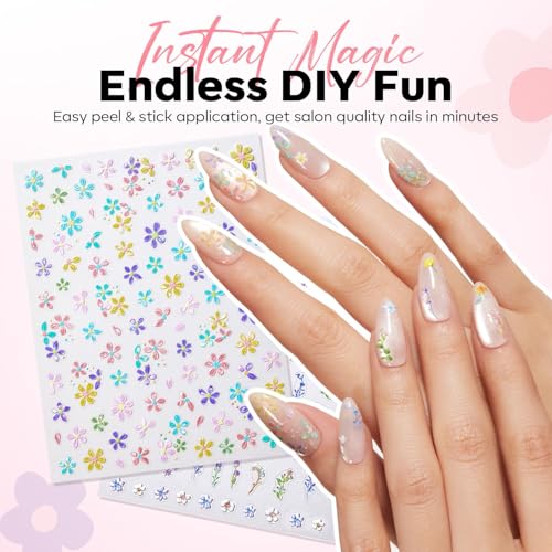 Image of modelones Flower Nail Stickers, 3D Embossed Colorful Floral Daisy Heart Bunny Nails Supplies Flower Nail Art Design for Spring Easter Manicure DIY Nail for Women & Kids 5Pcs
