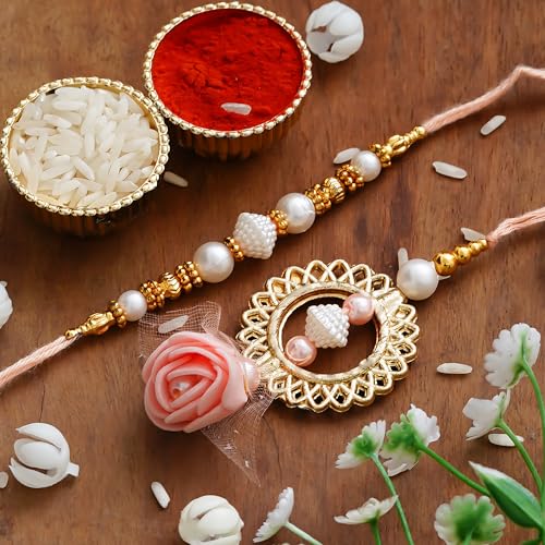 Image of eCraftIndia Diamonds, Pearls Floral Designer Bhaiya Bhabhi Rakhi Set with Roli Chawal Pack - for Brother, Bhaiya, Bhai - Lumba Rakhi for Bhabhi