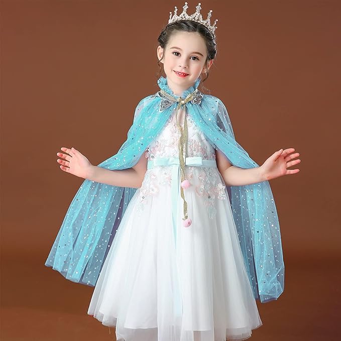 Image of Princess Cape for Girls - Colorful Sequin Cloak with Crown and Wand for Birthday, Halloween, Fancy Dress & Carnival