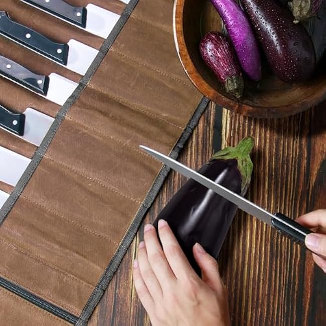 QEES Knife Roll,Chef Knife Bag,Knife Travel Case,Waxed Canvas Portable Knife Roll Bag with 10 Slots Plus 1 Zipper Pockets Can Hold Home Kitchen Knives Tools Up To 18.8¡±,Heavy Duty Knife Storage Bag