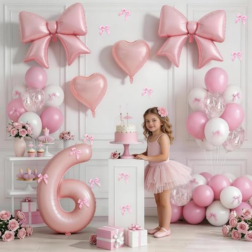Image of 6th Birthday Decorations for Girl,Pink 6 Balloons for Party Decorations | 6 Year Old Birthday Decoration,Anniversary Party Decor,Pink White Balloons,Bow Print Balloons,Heart Balloons