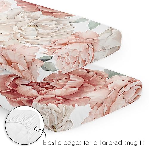 Image of Sweet Jojo Designs Blush Pink Boho Shabby Chic Floral Girl Baby Mini Crib Bedding Set Infant Nursery Room Newborn Blanket Portable Pack n Play Sheets 3pc Off White Ivory Bohemian Vintage Watercolor