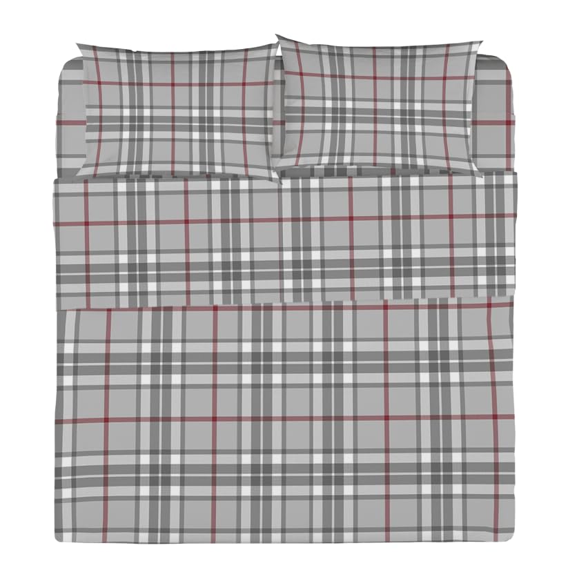 INTRECCI Set Lenzuola una Piazza e Mezza in Flanella, Tessuto in Cotone anti Pilling, Lenzuolo Sotto + Lenzuolo Sopra + 1 Federa, Comfort, Morbidezza, Lenzuola Made in Italy, Fantasia: Tartan Grigio