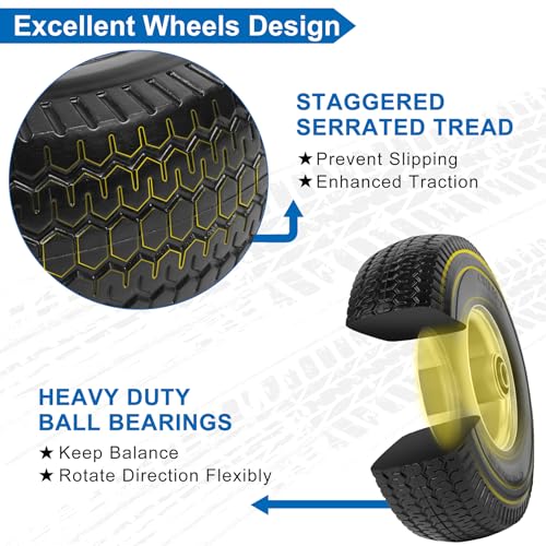 Image of 4.10 /3.50-4 inch Flat Free Tires, 10 Inch Solid Tires and Wheels Replacement with 5 /8 inch Axle Bore Hole, 2.2 inch Offset Hub for Hand Truck, Garden Cart, Lawn Cart, Wheelbarrow, 2 Pack