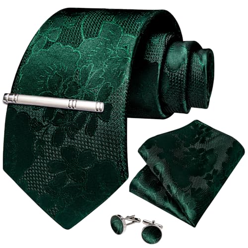 Image of DiBanGu Silk Floral Ties for Men Woven Paisley Necktie and Tie Clip Handkerchief Cufflinks Set for Party Wedding