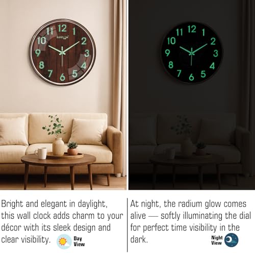 Image of RANDOM Modern Wall Clock with 3D Radium Numbers, Silent Non-Ticking, Premium Black Frame, Ultra Clear Glass for Living Room, Home Office (12.75 inch)