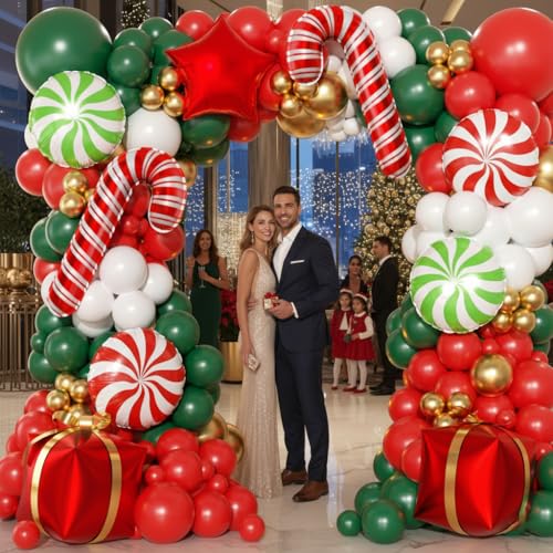 Image of 165Pcs Christmas Balloon Arch Garland Kit with Xmas Red White Green Gold Latex Balloons Gift Box Candy Cane Star Foil Balloons Arch Kit for Christmas New Year Party Birthday Party Decorations