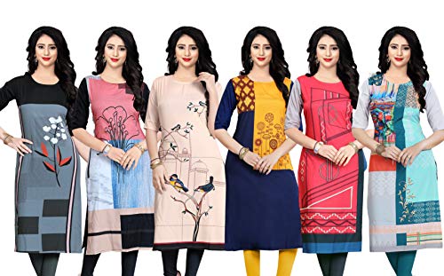 Navlik Women’s Crepe Stitched Kurti Combo Pack of 6 (Multi-Coloured)