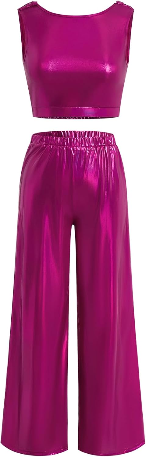 Lyrical Dance Costume for Women Shiny Metallic Tank Crop Top Wide Leg Pant Adult Open Back Contemporary Dance Outfits