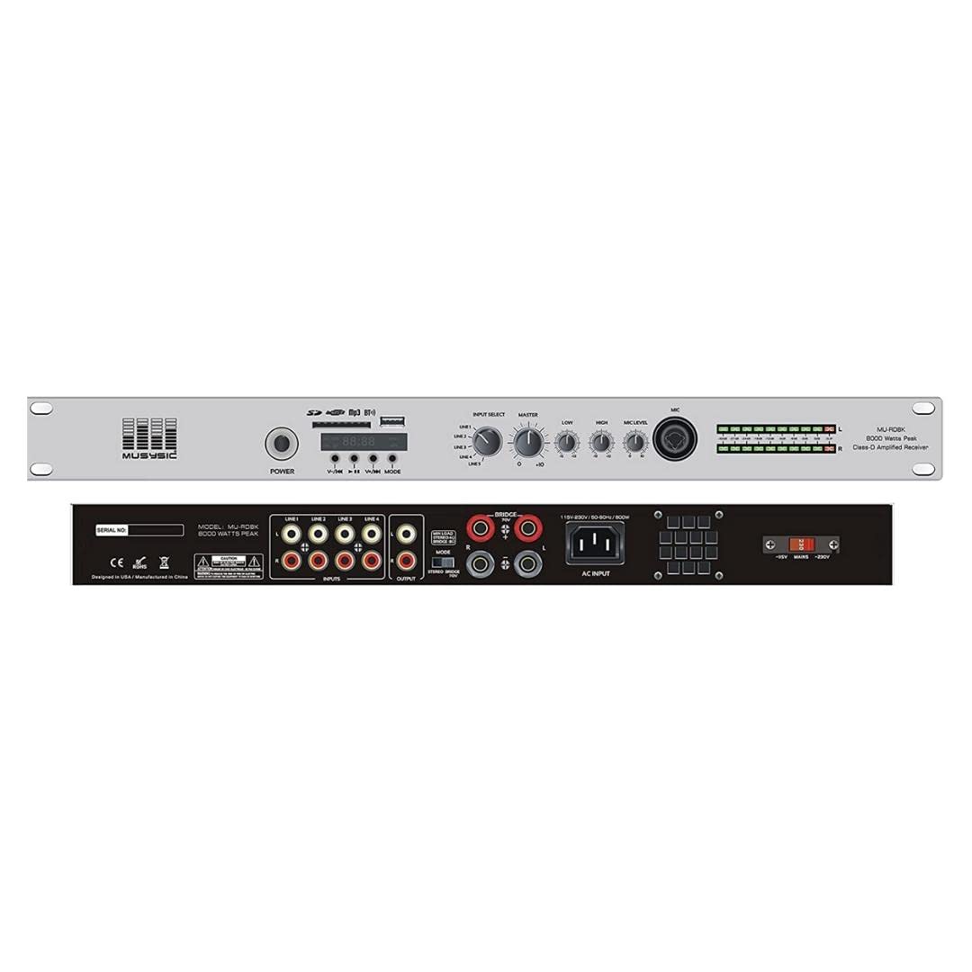 MUSYSIC Professional 8000W Amplified Pre-Amplifier Receiver, USB/SD/Bluetooth/FM Tuner Bass and Treble Control RCA Mic Input Class D Circuit 1U Chassis (8000W)