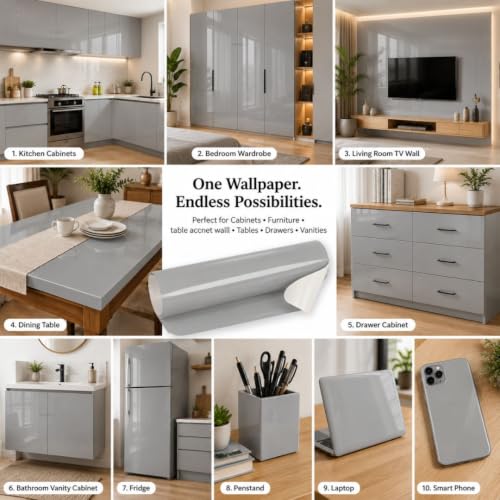 Image of HOME13 Grey Wallpaper Glossy Grey Peel and Stick Wallpaper Self Adhesive Decorative Vinyl Sticker for Shelf Liner Kitchen Cabinet Table Door Waterproof Removable(20x100 Inch)