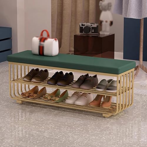 ZHANGshouf Banco Zapatero de Metal con Asiento Acolchado, Moderno Banco de Entrada con Zapatero, Zapatero para Entrada, Pasillo y Puerta Principal (80 cm/31,5', Dorado y Verde)