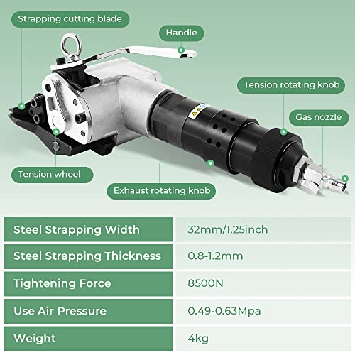 Flyrivergo Steel Strapping Tool Pneumatic Metal Strapping Machine Tensioner and Cutter Sealer Heavy Duty Split Type Baler for 1.25''/32mm Width Strapping (32mm/1.25inch)