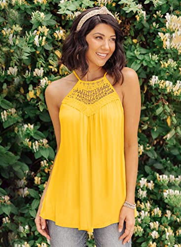 Miholl Womens Summer Casual Sleeveless Yellow Shirts Lace Flowy Spaghetti Strap Cami Tank Tops (Yellow, Small) #TOP4