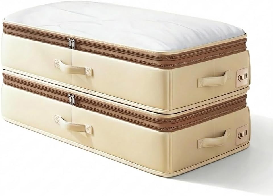 2-Pack Expandable Under Bed Storage Containers with Sturdy Bottom Board, 96L Vacuum-Free Compression Space Saving Organizer, Height Adjusts from 11.4" to 6.7", Premium Oxford Fabric, Ivory