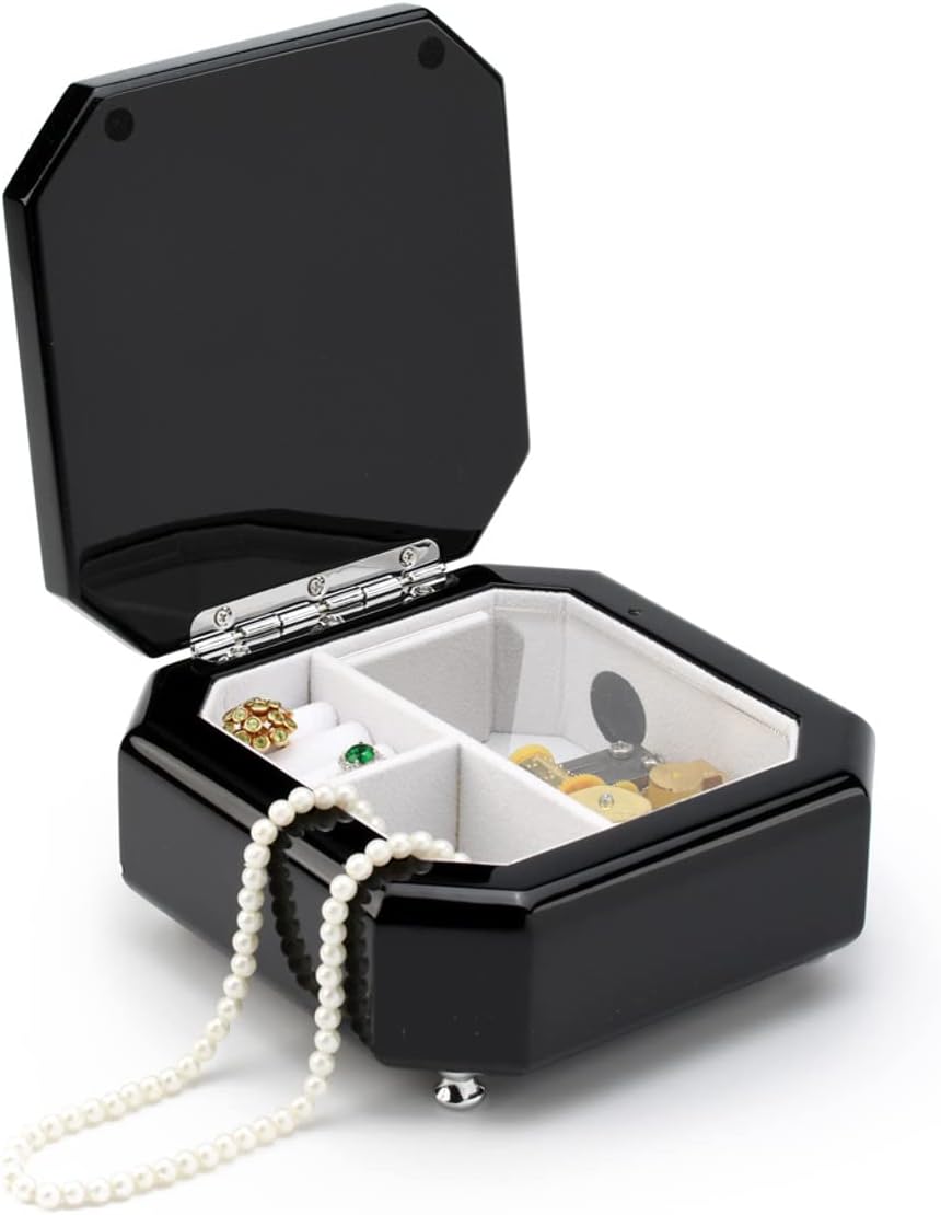 Midnight Black 18 Note Hi Gloss Beveled Musical Jewelry Box - Many Songs to Choose - Rock Around The Clock