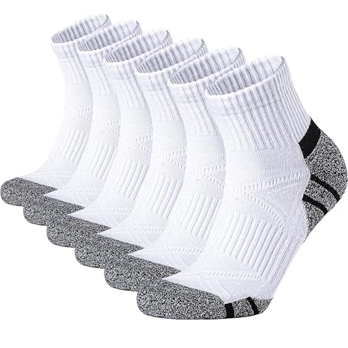 Stoeury Quarter Ankle Socks Men Cushioned & Anti-Blister Athletic Sports Socks with Arch Support Breathable Cotton Performance Trainer Sock for Running Walking Tennis Gym 6 PairsWhite 9-11