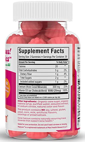 Calcium Gummies W/ Vitamin D3 - Calci-Licious! By Maxi Health - 300 Mg Coral Calcium And 1000 Iu Vitamin D3, All Natural Easy-To-Chew Supplement(60 Pieces) #TOP4