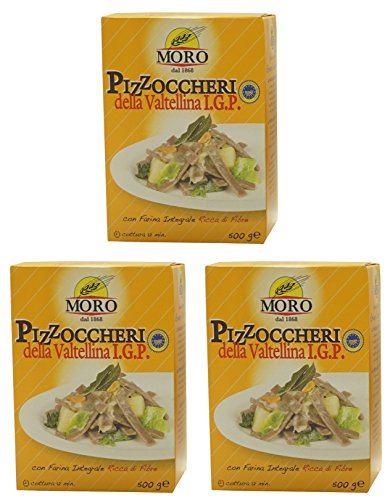 Moro: Pasta 'Pizzoccheri' a base di grano saraceno integrale duro - 500 g (500 gr) in pietra macinata (confezione da 3) [ Importazione italiana ]