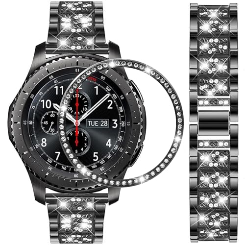 DEALELE Bands Compatible with Samsung Galaxy Watch 46mm / Gear S3 Frontier/Classic, 22mm Bling Rhinestone Diamond Metal Strap with Bezel Ring Cover Replacement for Women Men (Black)