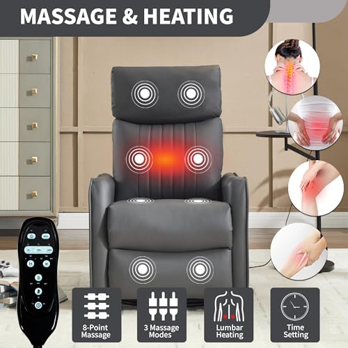 Image of Manual Swivel Rocker Recliner Chair for Adults, Overstuffed Reclining Glider Chair for Nursing with Vibration Massage & Heat, Living Room Rocking Recliner 2-Stage backrest, Faux Leather Gray
