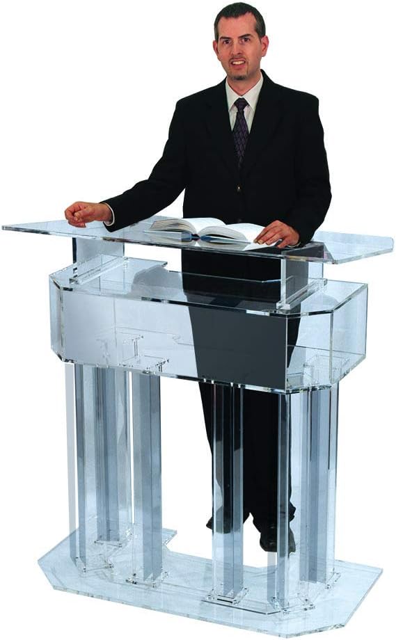Kingdom 3 Tier Acrylic Lectern or Podium with 6 Column Base and a Wide Middle Shelf with Plenty of Space for Your Presentation Needs - Clear (Plain/Non-Personalized)