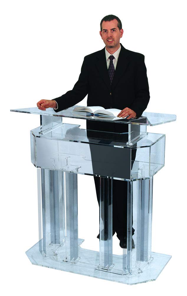 Kingdom 3 Tier Acrylic Lectern or Podium with 6 Column Base and a Wide Middle Shelf with Plenty of Space for Your Presentation Needs - Clear (Plain/