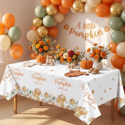 Image of 3 Pack Little Pumpkin Tablecloths, Fall Baby Shower Party Decoration | Gender Reveal Party Supplies A Little Pumpkin is On The Way Table Cover for Boy Girl Fall Thanksgiving 54 X 108In