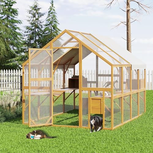 Lovinouse Extra Large Wooden Outdoor Cat House, 57ft² Cat Run Enclosure Walk in Catio Kitten Condo with Enter Door, 2 Doors, 2 Playpen & Hiding Houses, Bridges, Walks, Roof Cover, Golden Yellow