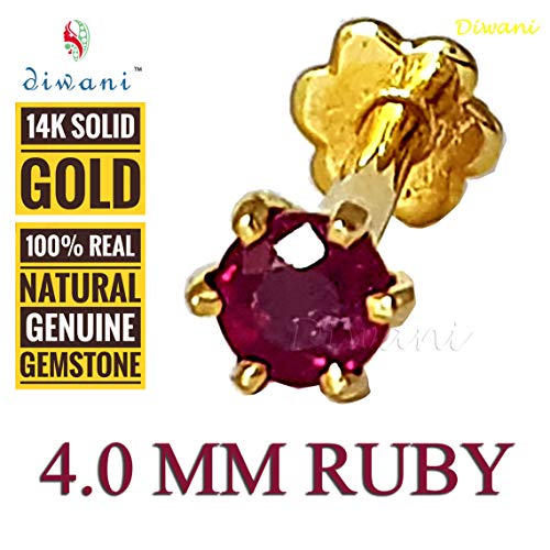 Diwani 14K Gold 4.0Mm Natural Ruby Gemstone Engagement Wedding Nose Lip Labret Monroe Body Piercing Ring Stud Pin Screw (0.230 Cents, Color- Red) 18 Gauge Thick 8.0Mm Length Screw Back Post #TOP2