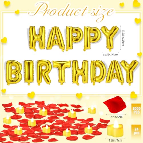 Image of Red and Gold Happy Birthday Balloons Decorations Happy Birthday Letter Balloons Banner Set 24pcs Heart Flameless LED Candles 2000pcs Artificial Rose Petals for Women Men Room Party Decor