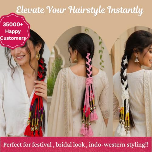 Image of Zippy Flora Neelima Parandi (Baby Pink) | Traditional Boho Handmade Paranda Hair Accessory with Braid Tassels | Women's Ethnic Hair Extension for Choti, Braids & Patiala Shahi Hairstyles