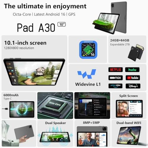 Image of Android 16 Tablet, 10 Inch Tablet with Keyboard, Octa-Core, 24GB RAM 64GB ROM 2TB Expand, 2 in 1 Tablets with Gemini AI, 6000mAh, WiFi, Widevine L1, GMS, Tablets with Case, Mouse, Stylus (Black)