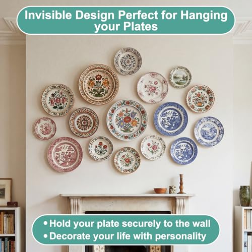 Image of Hotop 12 Pieces Plate Hangers for Wall Stainless Steel Wire Invisible Heavy Duty Plate Hangers Display Holders with 12 Pieces Hooks for Wall Decorative(4 /6 /8 /10 /12 /14 Inch,Gold)