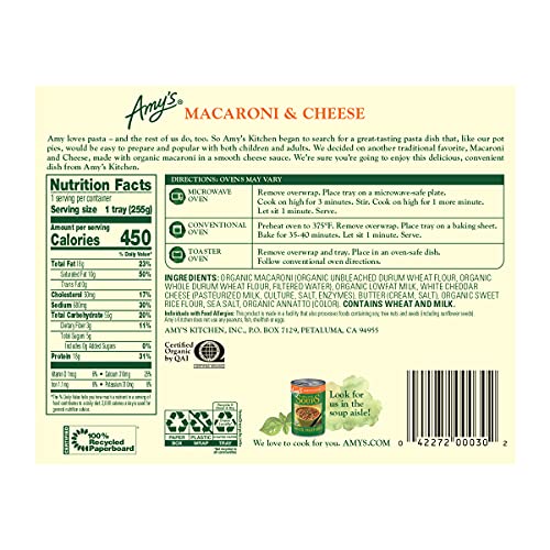 Amy's Frozen Meals, Macaroni And Cheese Frozen Pasta Tray, Made With Organic Pasta And White Cheddar Cheese, Microwave Meals, 9 Oz #TOP2